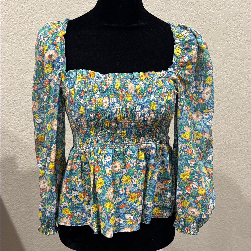Trovata Birds Of Paradise Blue Floral Smocked Blouse